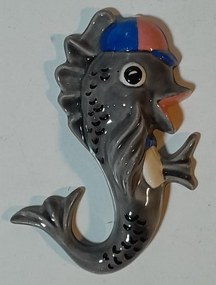 Vintage Anthropomorphic Ceramic Fish With Hat Wall Art 4.5'' Tall