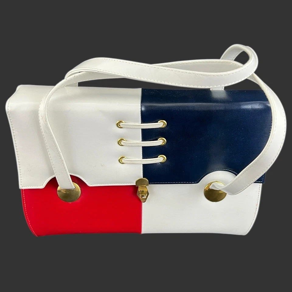 Bolsa de mão vintage naturalizadora multicolorida vermelha branca e azul - Imagem 3 de 4