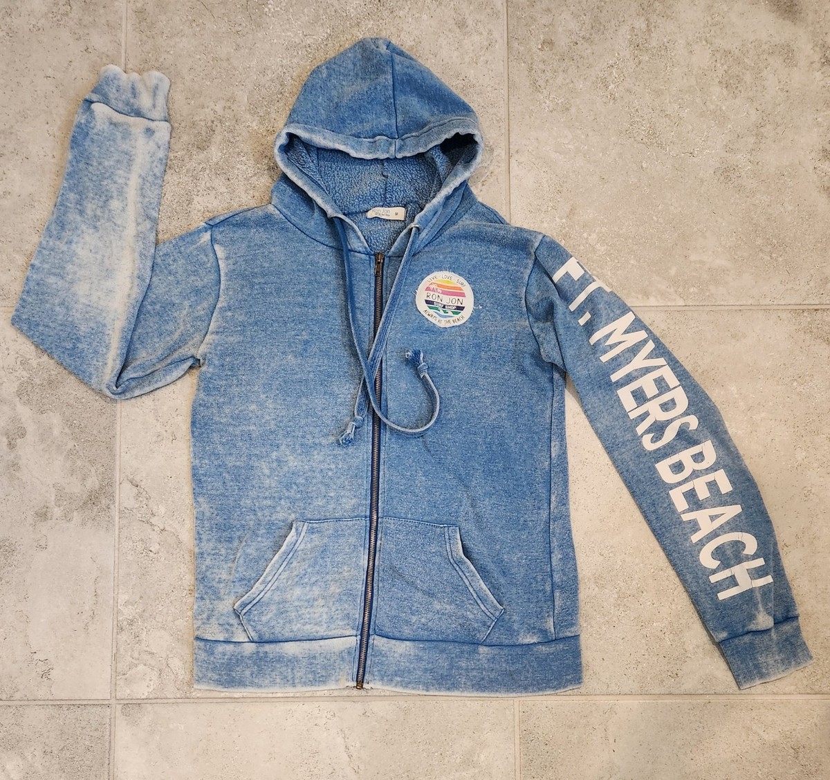 RON JON Surf Shop FORT MYERS BEACH blue distressed full-zip hoodie 