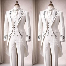 Men's Suits White Long Tail Black Embroidery Wedding Groom Tuxedo Wedding 3 Pcs