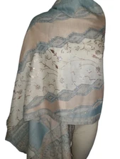 Blue Beige Embroidered Embelished Shawl Scarf Wrap Stole 100% Wool Pashmina
