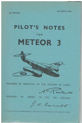 GLOSTER METEOR 3 FIGHTER 1949 PILOT'S NOTES HANDBOOK