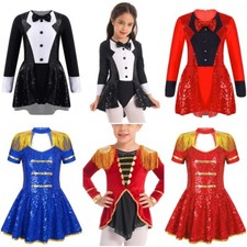 UK Kids Girls Jazz Dance Leotard Dress Bowtie Tuxedo Circus Ringmaster Costume  