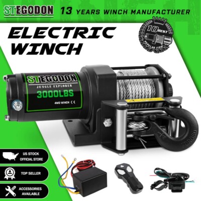 STEGODON Electric Winch 3000LBS 12V Steel Cable ATV UTV Boat 4WD Remote Control