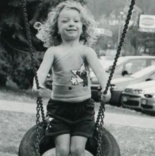 Little Girl on Tire Swing 1980s Found Photo Elmo Shirt Kid Child Snapshot VTG.