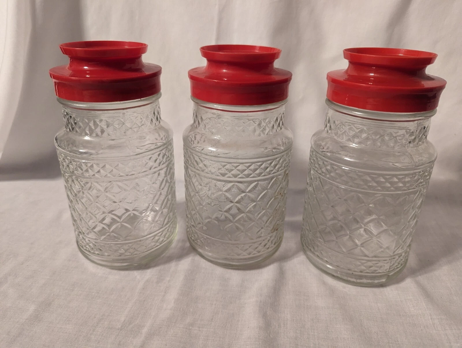 Set Of 3 Vintage Anchor Hocking Diamond Pattern Glass Jar Containers Tang Red