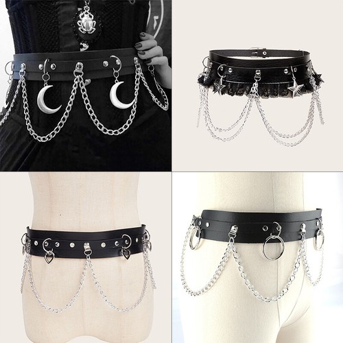 Gothic Women Waist Belt Moon Star Pendant Chain Punk PU Leather Belt Waistband - Picture 1 of 39