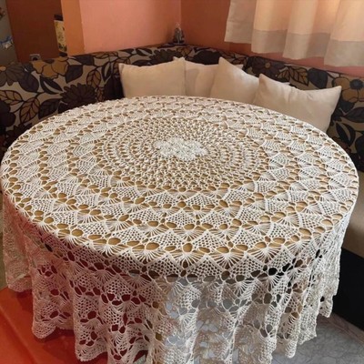 Seltene Vintage handgehäkelte runde Tischdecke 63'' (160cm) Ecru Küche Dekor
