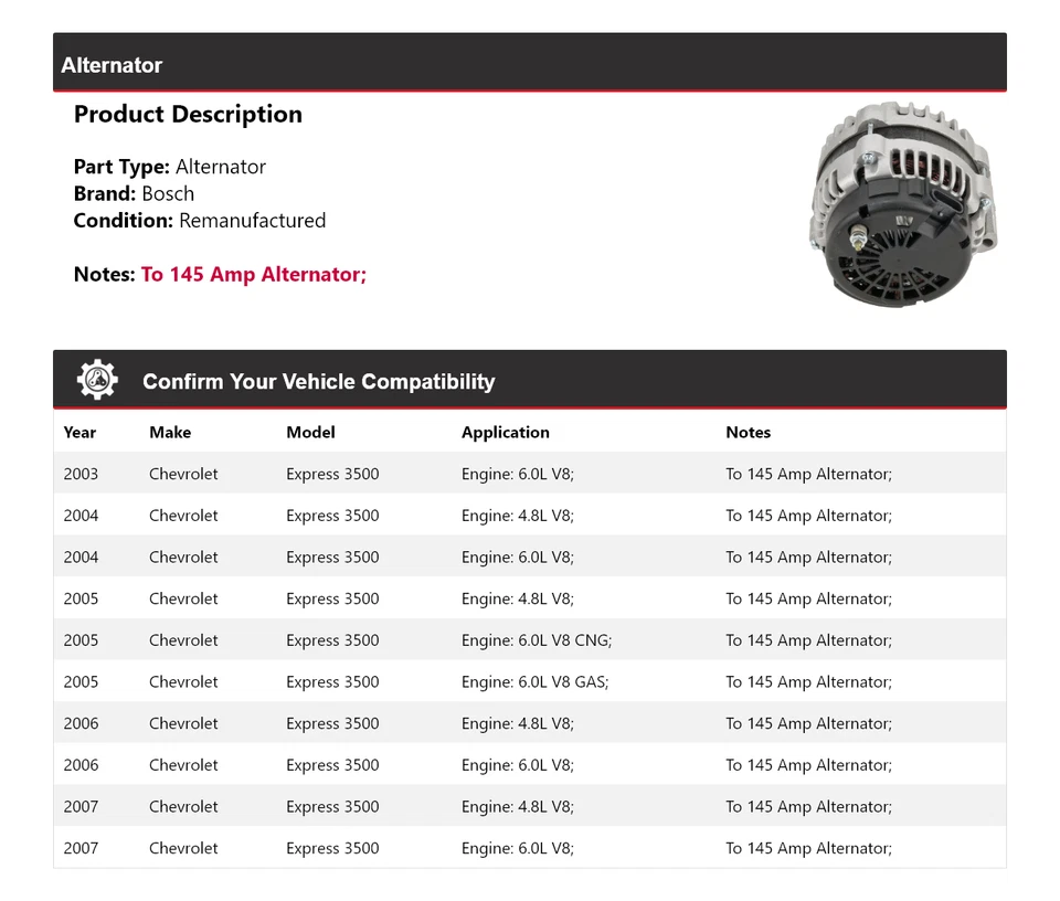 Alternador Bosch Chevrolet Express 3500 2003-2007 (remanufacturado) 2004 2005 Foto 2 de 4
