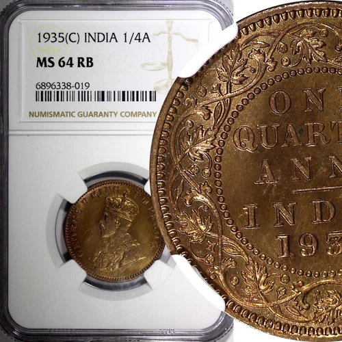 India-British George V Bronze 1935 (C) 1/4 Anna NGC MS64 RB KM# 512 (019)