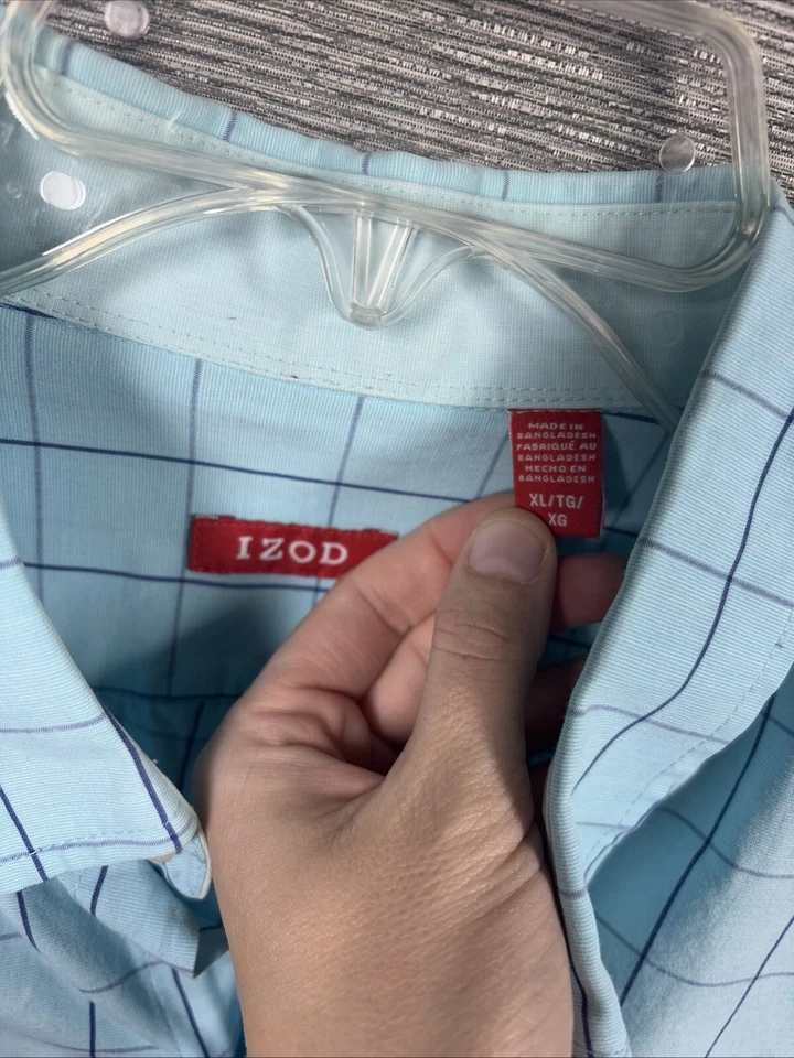 IZOD Dress Shirt Men's Blue White Checkered  Cotton Button Front Sz XL - Image 2 of 4