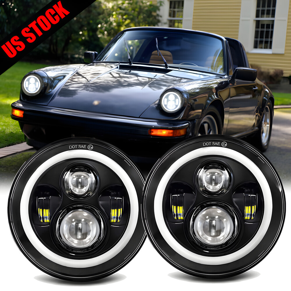 Black 7inch LED Headlights Hi/Lo Sealed Beam For Porsche 911 912