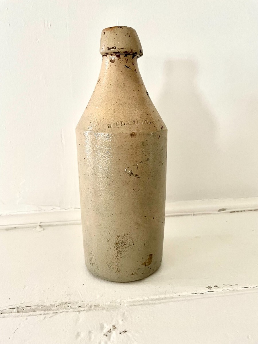 Circa 1800s J FLAMING Antique Stoneware GINGER Beer Bottle - TROY