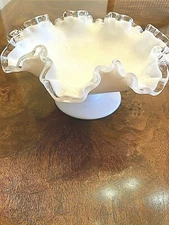 FENTON Silver Crest White Glass Clear Ruffled Edge Pedestal Bowl Dish 8"