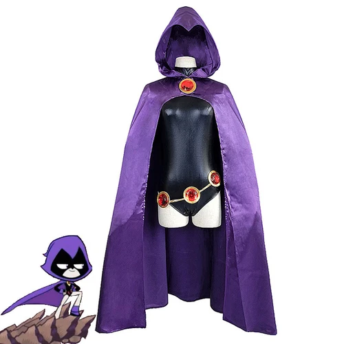 Teen Titans Raven Cosplay Costume Purple Jumpsuit Cloak Belt Set Halloween Adult - Picture 3 of 11