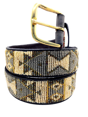 Leather Beaded Belt Boho Gold Handmade Masai African Art Native Western 26-52''