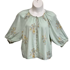 LC Lauren Conrad Blouse TopWomens Size Large Green Floral 3/4 Sleeve Button-Up
