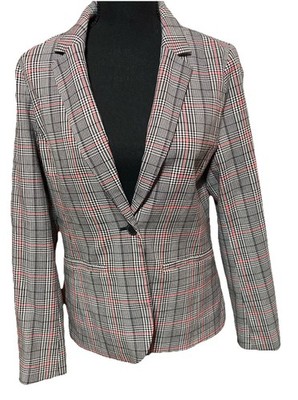 NWOT Women s GAP Academy Blazer Grid Plaid Size 4 Red Black White One Button