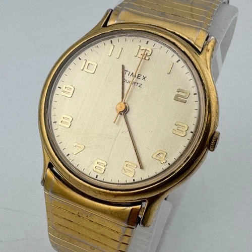 Vintage Timex Quartz Watch Men Gold Tone Stretch Steel Band Analog New Battery