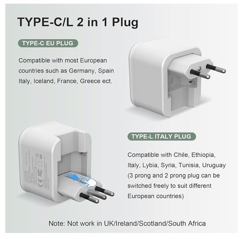 2 Pack European Travel Plug Adapter Foldable Type C/L 2 in 1 (2 USB & 1 USB C) - Picture 5 of 11