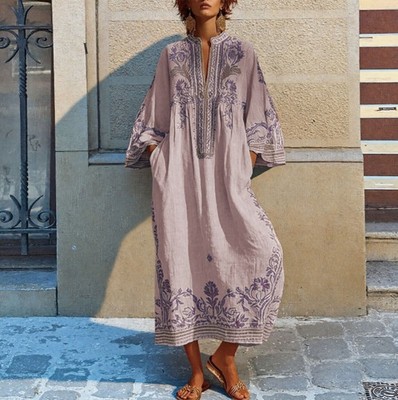 2026 Boho Floral Print V Neck Maxi Dress Summer Casual Long Beach