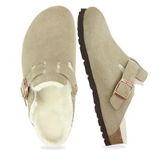 Fur Lined Suede Clogs for Women Men, Slip-On Fuzzy Slippers with 9 Taupe