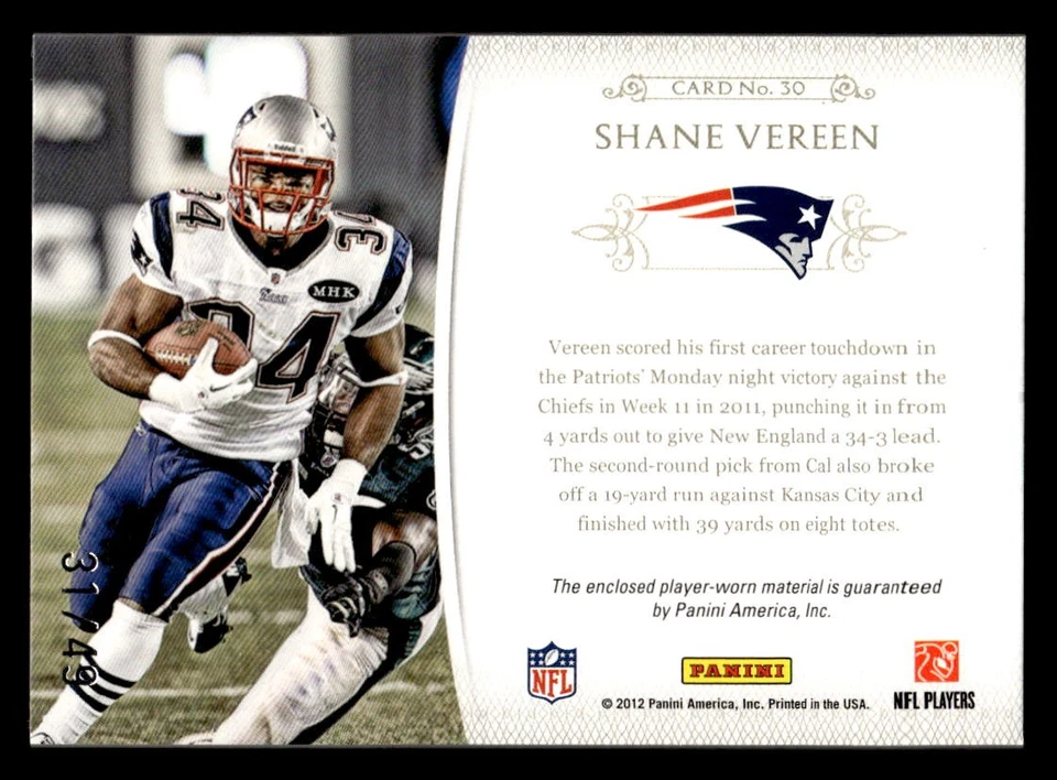 2011 Playoff National Treasures #30 Shane Vereen NFL Gear Combos Prime #/49 - Image 2 of 2