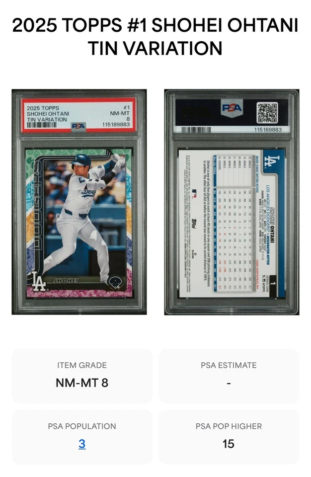 2025 Topps #1 Shohei Ohtani Tin Variation PSA 8 casi nuevo-como nuevo - Low Pop (3) Dodgers Foto 3 de 4