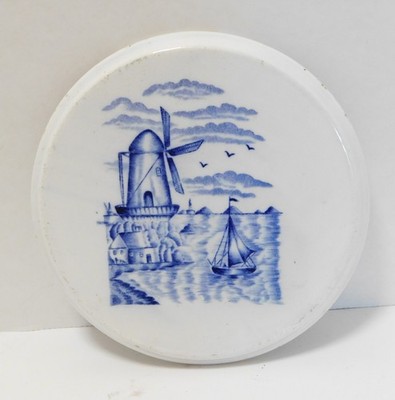 Vintage German Delft Round Trivet White & Blue Windmill Sail Boat Germany