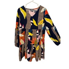 Abstract Print Tiered V Neck Long Sleeve Casual Dress Women Multicolor A-Line
