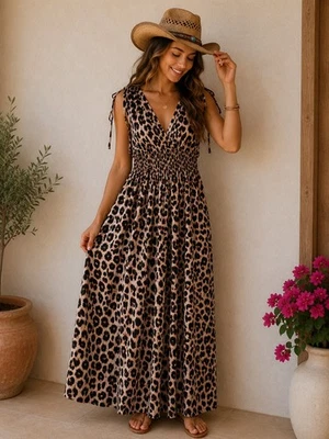Robe longue léopard – Taille smockée stretch – Bohème chic - Photo 1/2