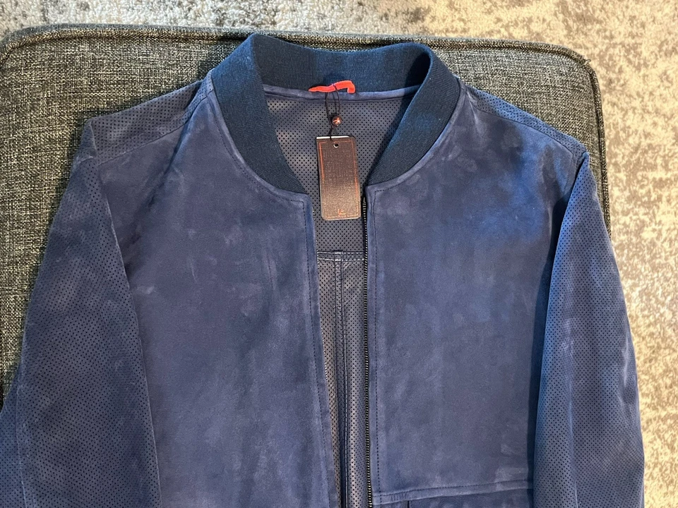 Isaia Perforated Suede Bomber Jacket - Navy - Size 52 (IT) - BRAND NEW w/ TAGS - Image 4 of 4