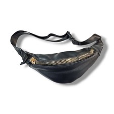 Black Waist Fanny Pack Belt Bag Travel Hip Purse Thick Gold Zipper Accent