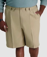 Haggar Men's Beige Classic-Fit Cool 18 PRO Pleated Shorts Big & Tall Size 50