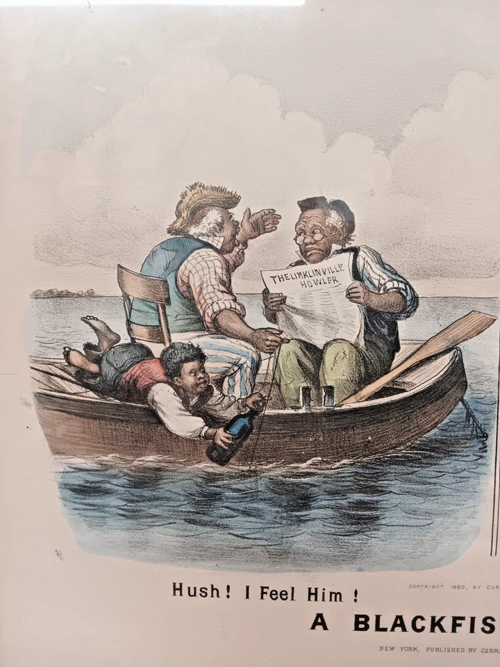 LITOGRAFÍA ORIGINAL 1880 CURRIER AND IVES A BLACKFISH NIBBLE FISHING BLACK AMERICANA Foto 2 de 4
