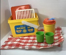 Vintage 1985 Fisher Price Picnic Basket Set 2002 Partial Cups Blanket