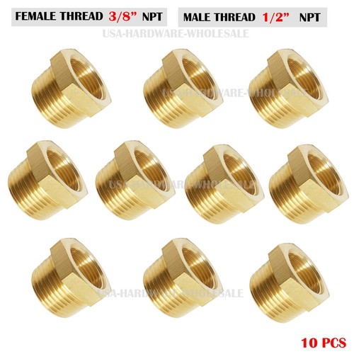 10PC 1/2" Male x 3/8" Female NPT Pipe reducer Hex Bushing adapter Brass Fitting