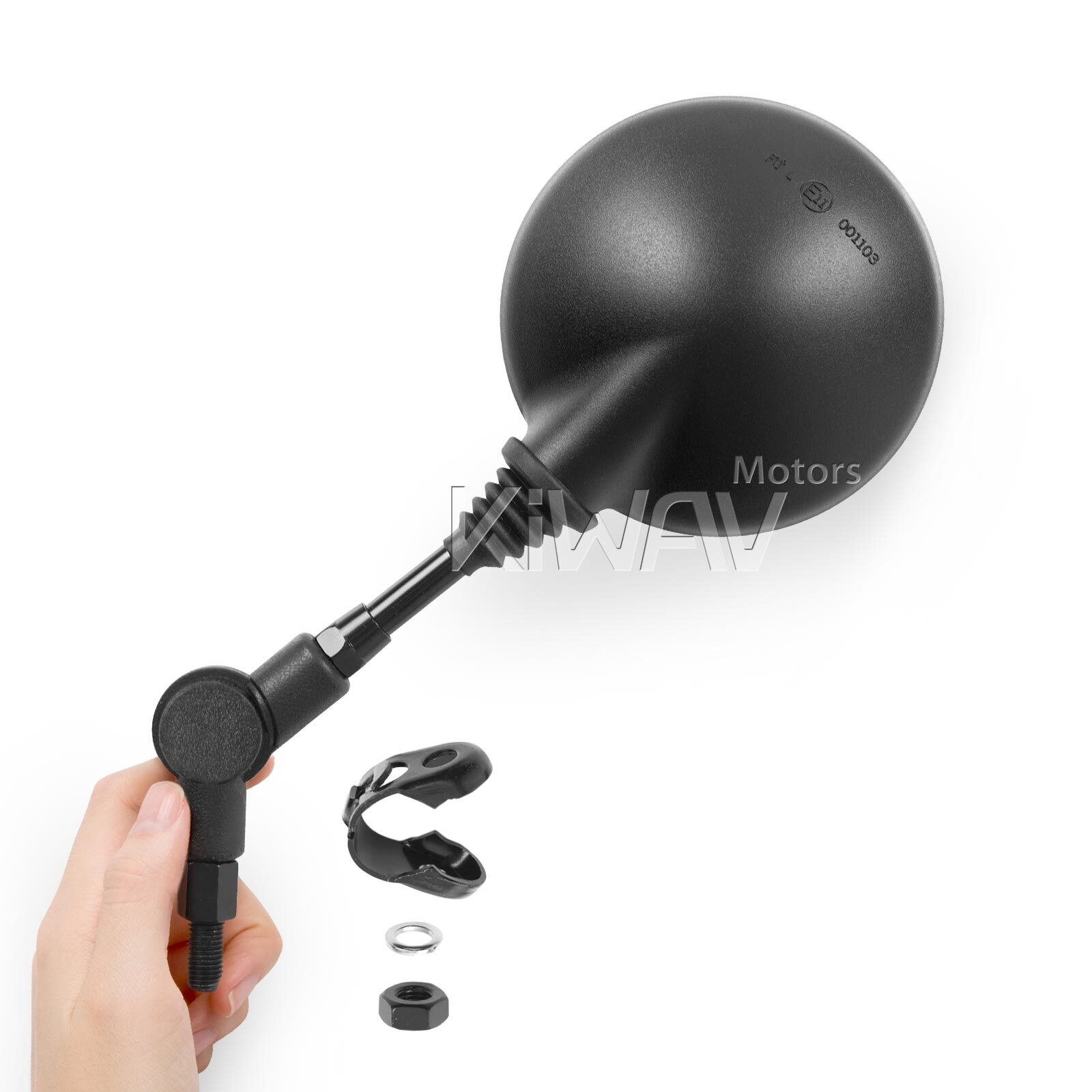 Folding adjustable round mirror with 10mm black bolt clamp for 22mm bar