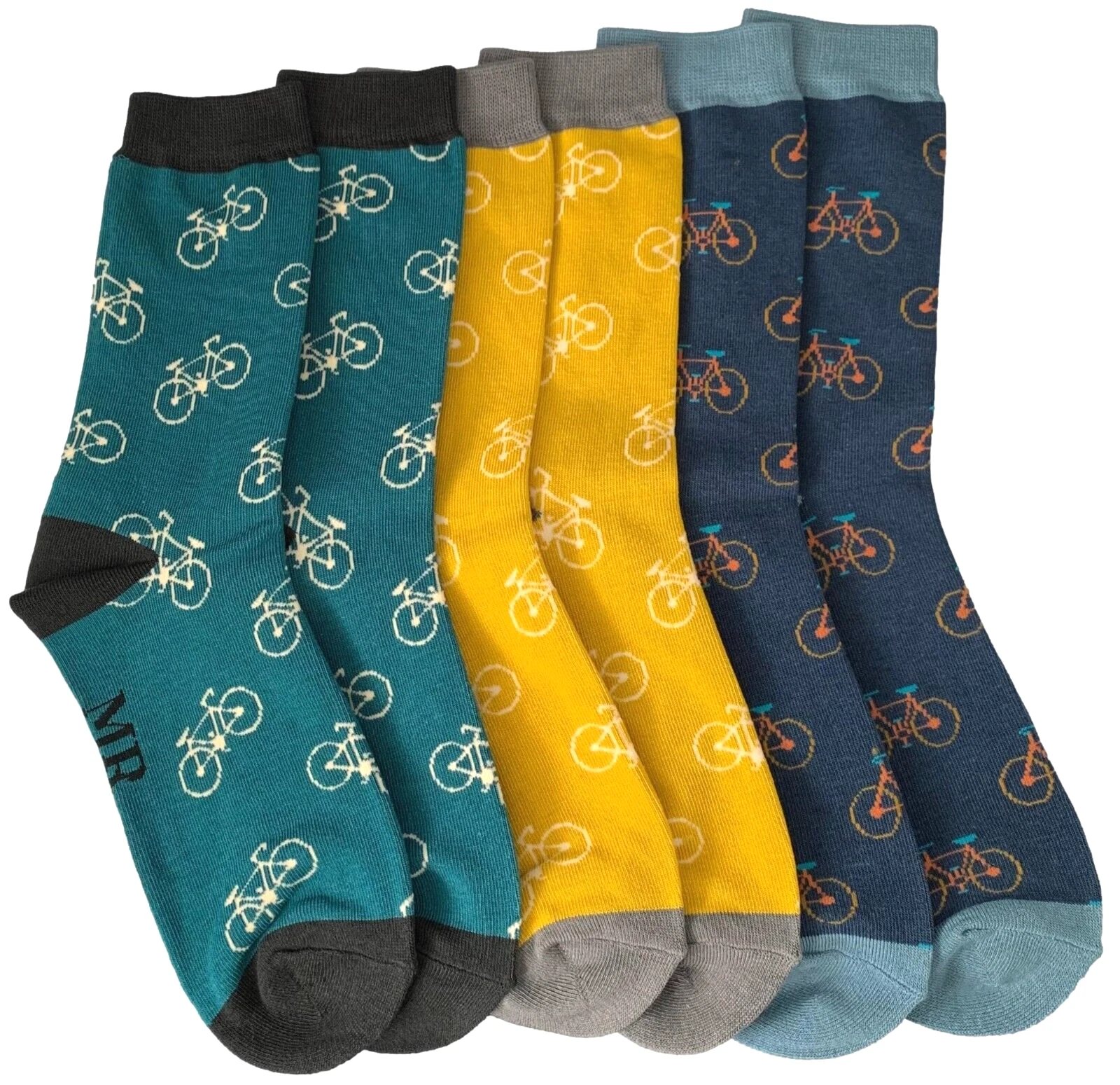 Mens Socks Bikes Bicycle 3 Pair Multi Pack Navy Blue Yellow Teal Bamboo Cotton