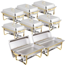 Chafing Dish Buffet Set 8Qt 8Pack Stainless Chafer w/4 Full Size Pans & Gold Leg