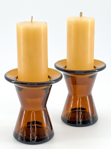 Vtg DANSK DESIGNS Amber-Brown Glass Candlestick Holders MCM + ORIGINAL CANDLES - Picture 4 of 8