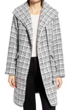 Halogen Moto Tweed Coat Black White Grey Jacket Plaid Oversize Asymmetrical Med