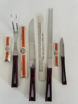 Set of four vintage Stanhome stainless steel kitchen utensils brown handle MCM
