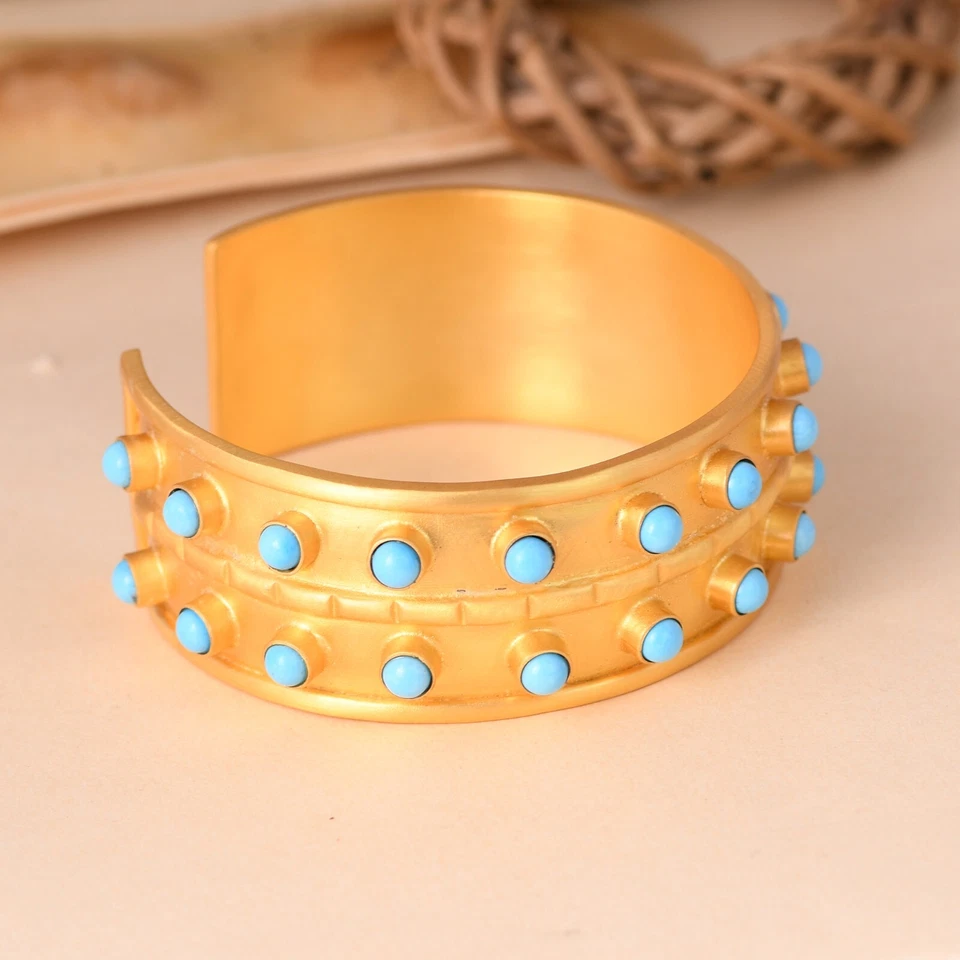 Brazalete brazalete ancho turquesa enchapado en oro amarillo de 18k joyería de moda Foto 4 de 4