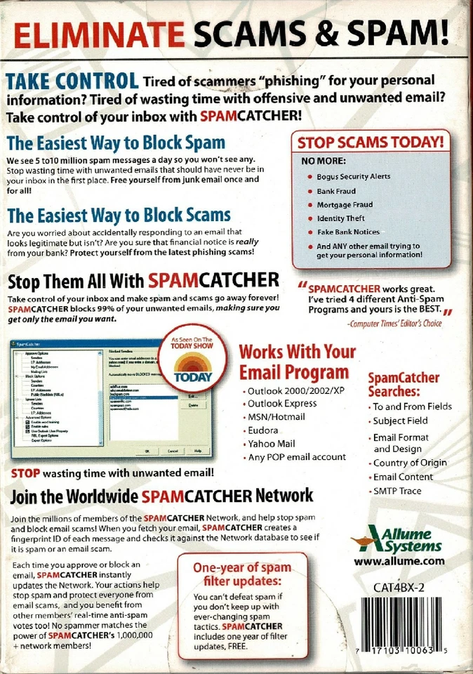 Allume Spam Catcher 4.0 Pc New Sealed Box XP Block Email & Phishing Take Control - Image 2 of 2