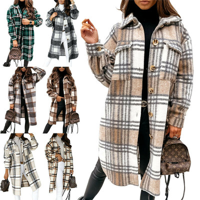 New Women Check Fleece Coat Long Line Jacket Shacket Shirt Button Tops Oversize