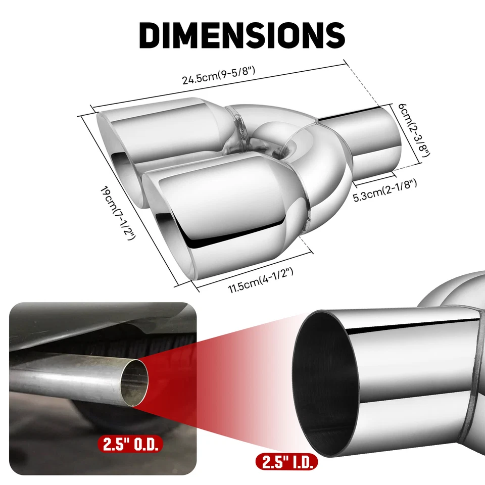 Exhaust Tip 2.5" In 3.5"Dual Out 9.5"Length Double Wall Weld On For Porsche 911 - Image 3 of 4