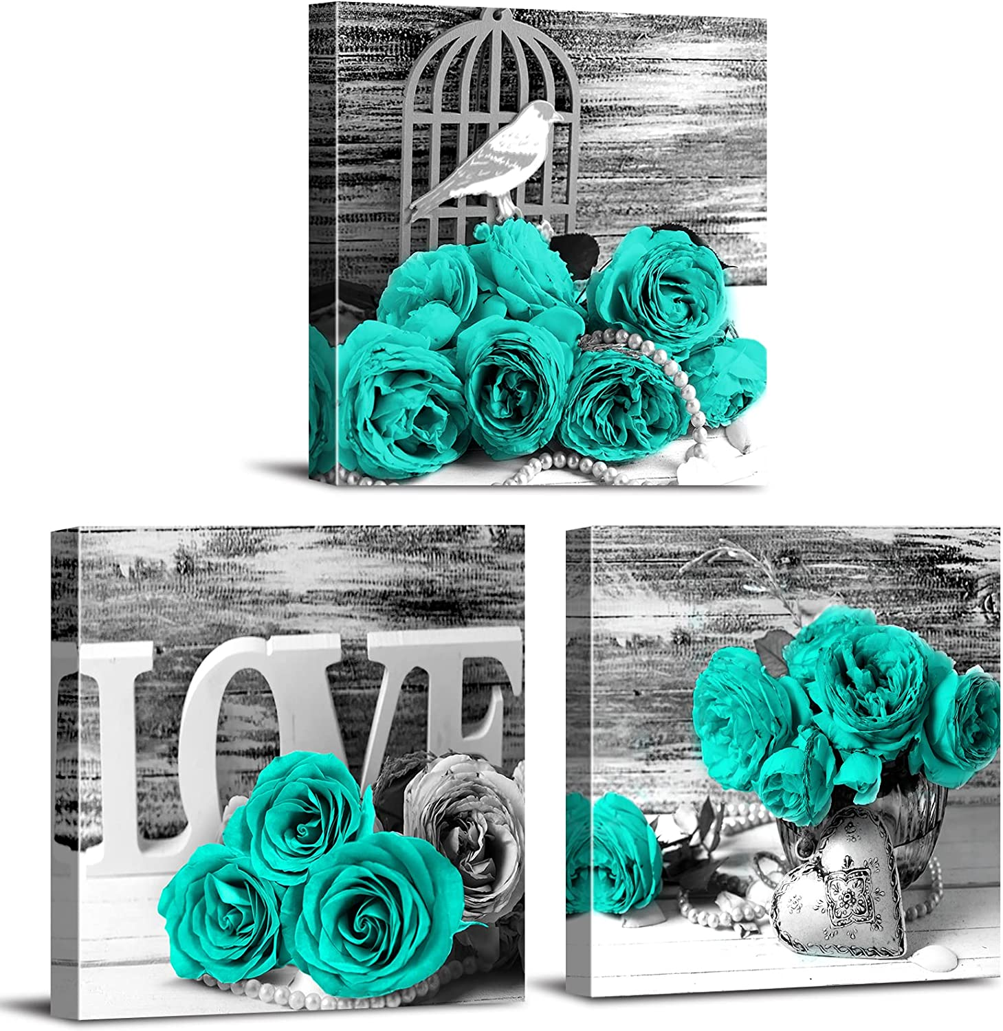 Teal and Grey Rose Wall Art for Bathroom Bedroom Living Room Decor-image