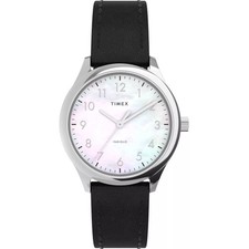 Timex Women's Watch Easy Reader Quartz White Dial Black Leather Strap TW2W15900