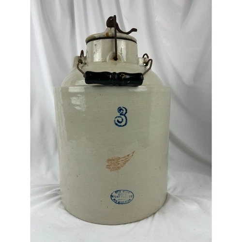 Antique Red Wing Union 3 Gallon Stoneware Pickle Jar with Lid & Bail Handle